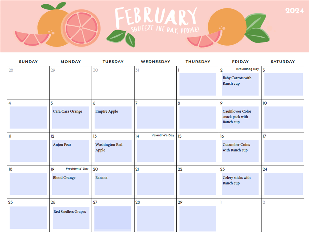 February Fresh Fruit & Veggies Calendar 